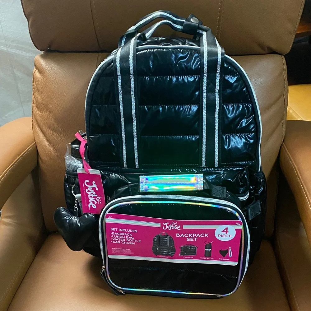 Justice Shiny Black‎ 4 pc set Backpack Set with Holographic Details NWT
